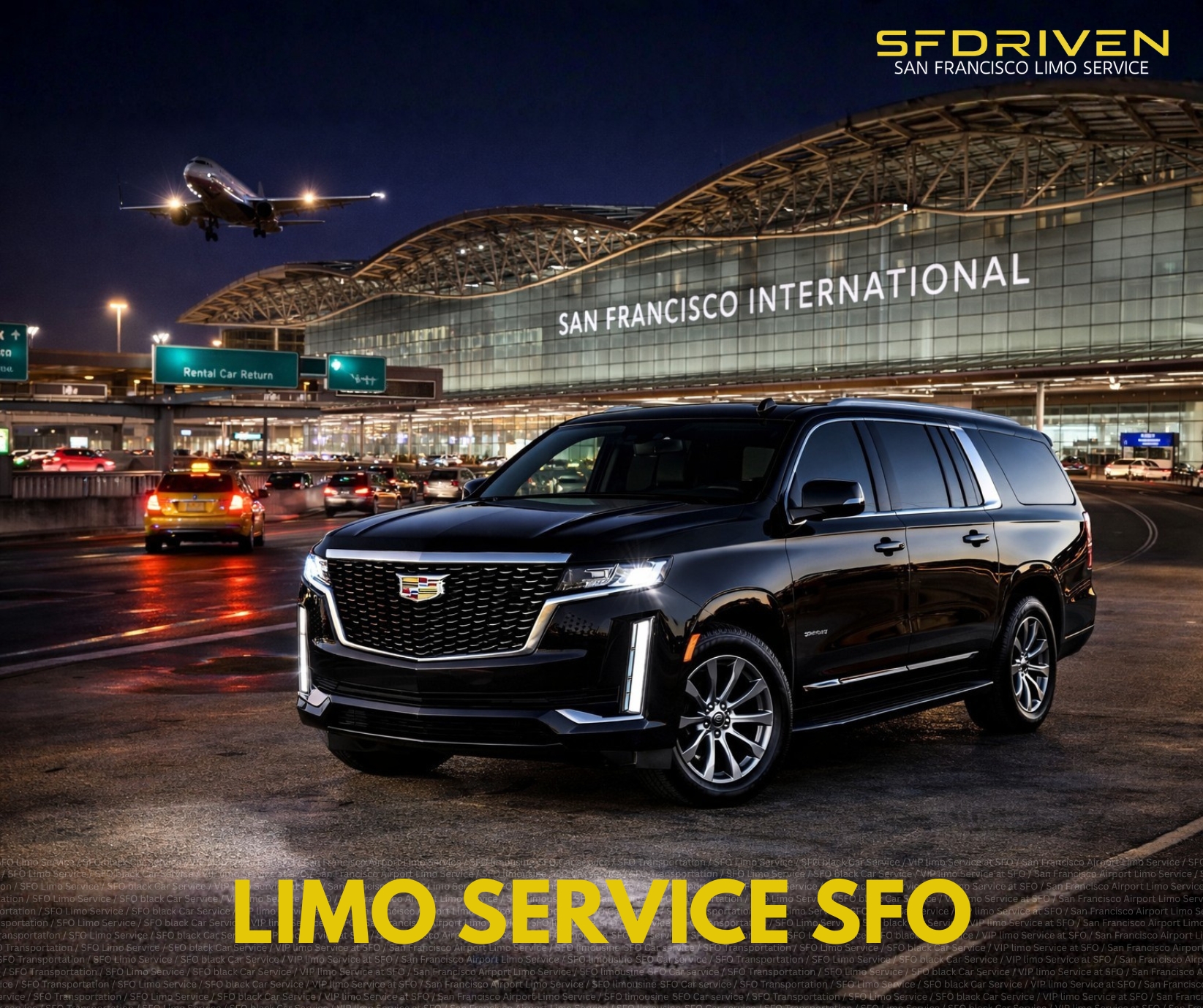 Luxury black Cadillac Escalade providing professional limo service at SFO airport for pre-booked transfers