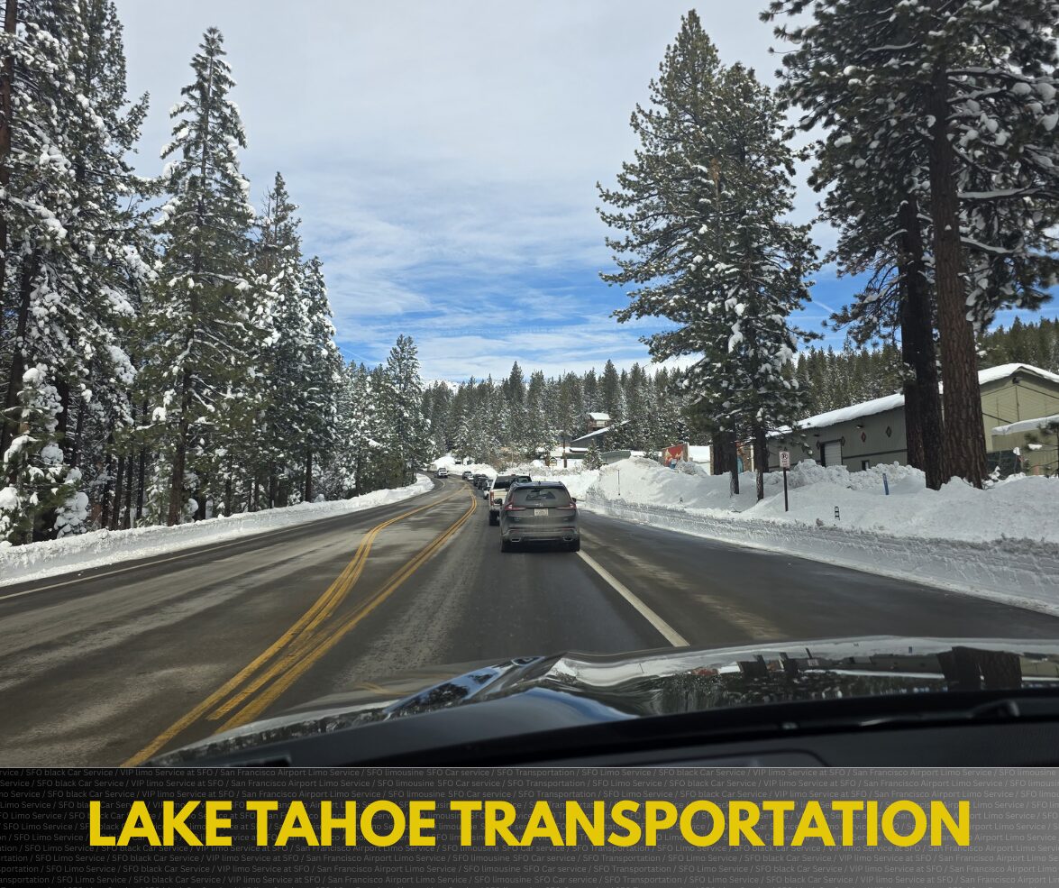 Lake Tahoe transportation in winter on Interstate 80 with snowy mountain highway and SFDriven AWD chauffeur service