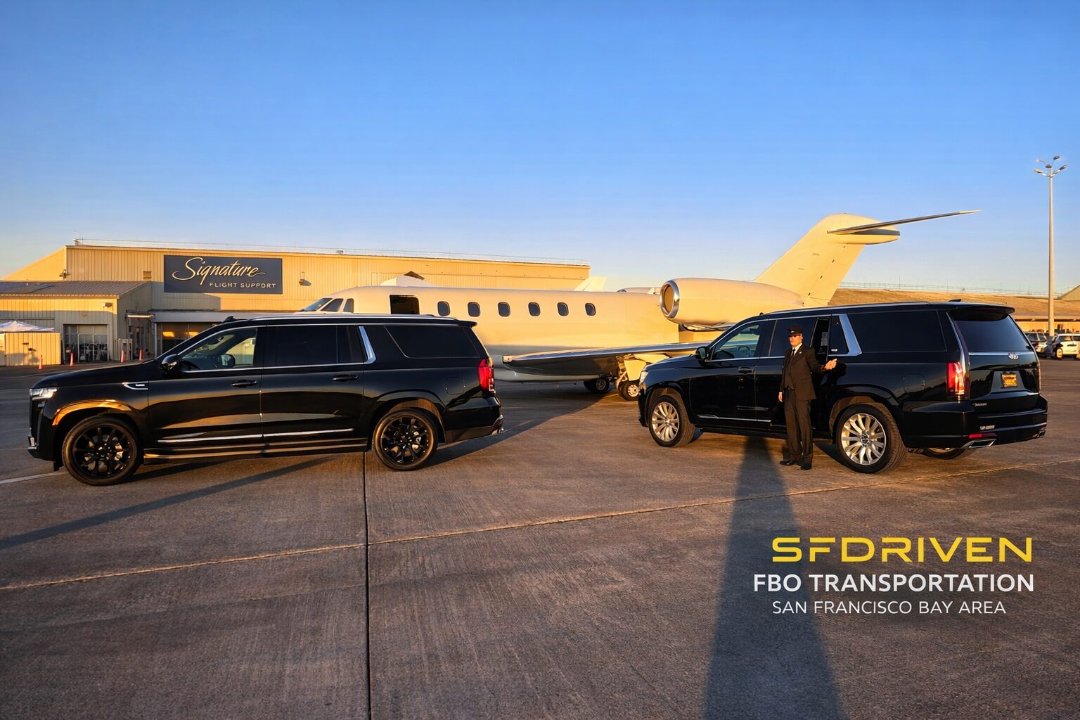 FBO Transportation San Francisco Bay Area with luxury SUVs at private jet terminal