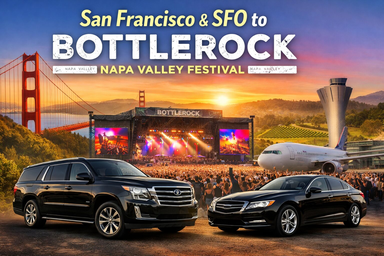 BottleRock Festival Transportation from SFO and San Francisco Luxury BottleRock Festival transportation from San Francisco and SFO to Napa Valley Expo with private SUV and sedan service for BottleRock 2026