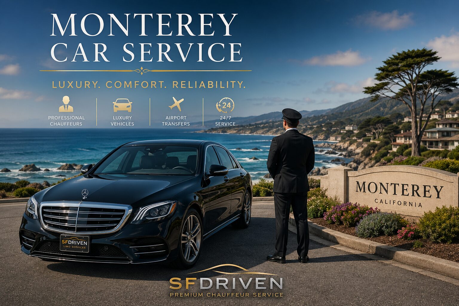 Monterey Car Service with luxury sedan and professional chauffeur on the California coast