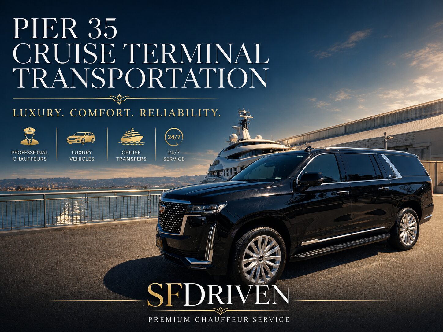 Luxury private car service for Pier 35 Cruise Terminal Transportation in San Francisco