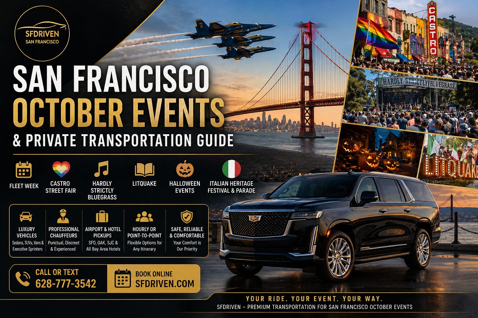 San Francisco October events and private transportation guide with Golden Gate Bridge, Blue Angels, seasonal event highlights, and SFDRIVEN luxury SUV