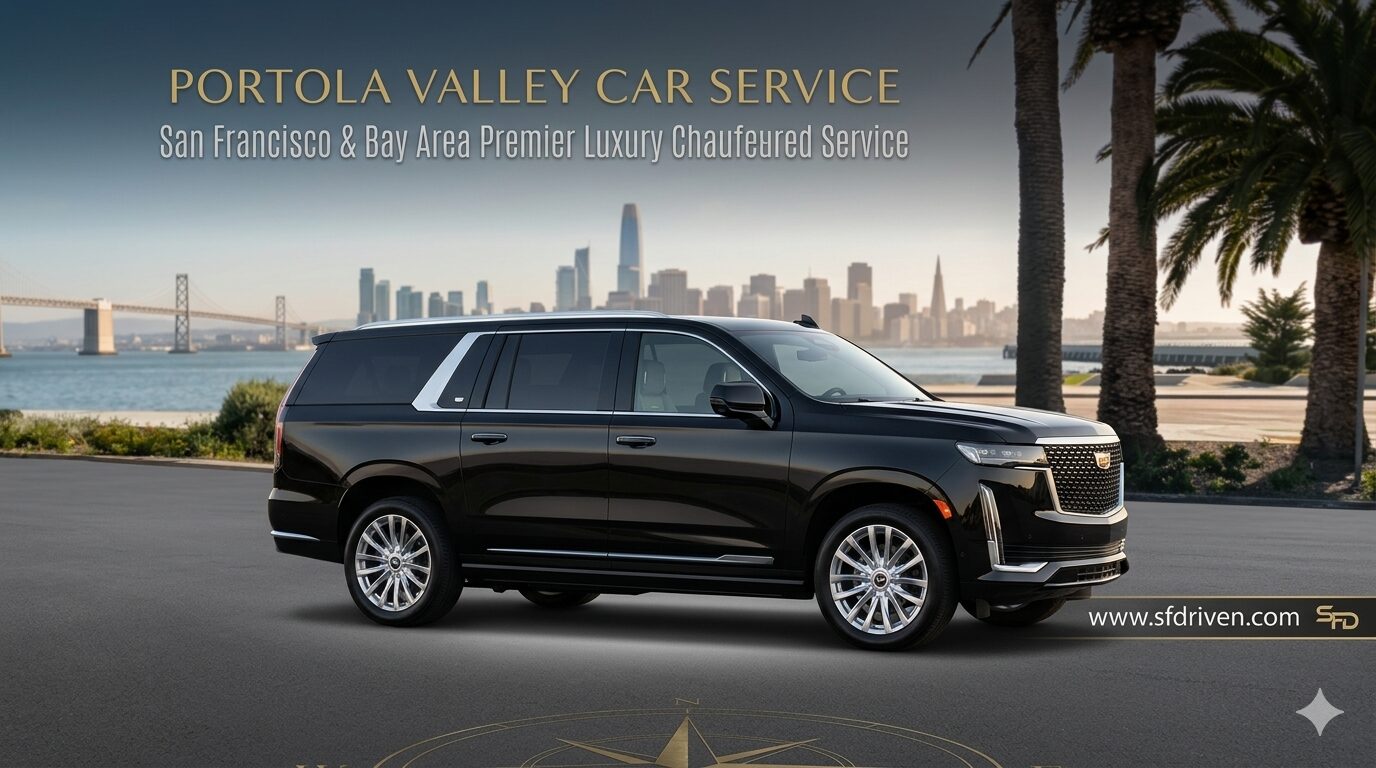 Portola Valley Car Service Luxury SUV by SFDRIVEN Portola Valley Car Service with black luxury SUV, San Francisco Bay Area skyline, private chauffeur service, and SFDRIVEN transportation
