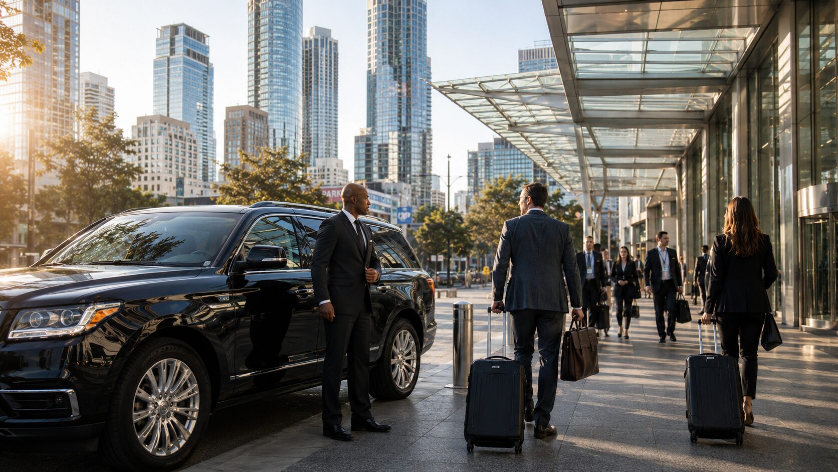 Private chauffeur greeting business travelers at a San Francisco conference venue with a black luxury SUV