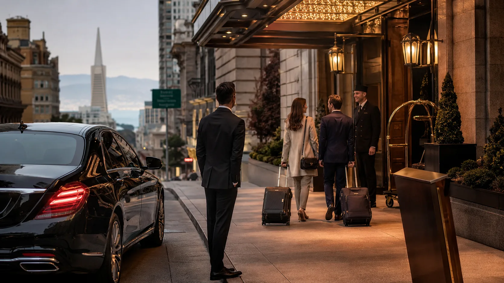 San Francisco Hotel Transportation Guide Private chauffeur and black luxury sedan at a San Francisco hotel entrance for hotel transportation