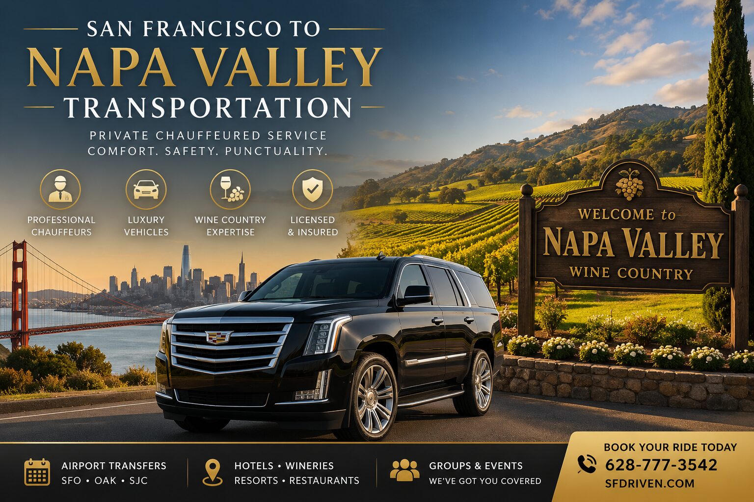 San Francisco to Napa transportation with luxury SUV, private chauffeur and Napa Valley wine country service