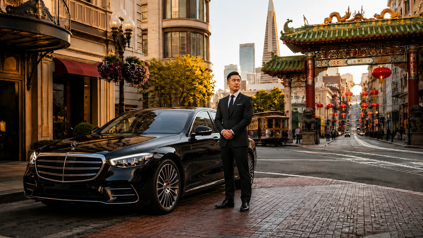 Union Square to Chinatown Private Transportation San Francisco Black Mercedes-Benz S-Class with chauffeur in San Francisco Chinatown for private transportation from Union Square
