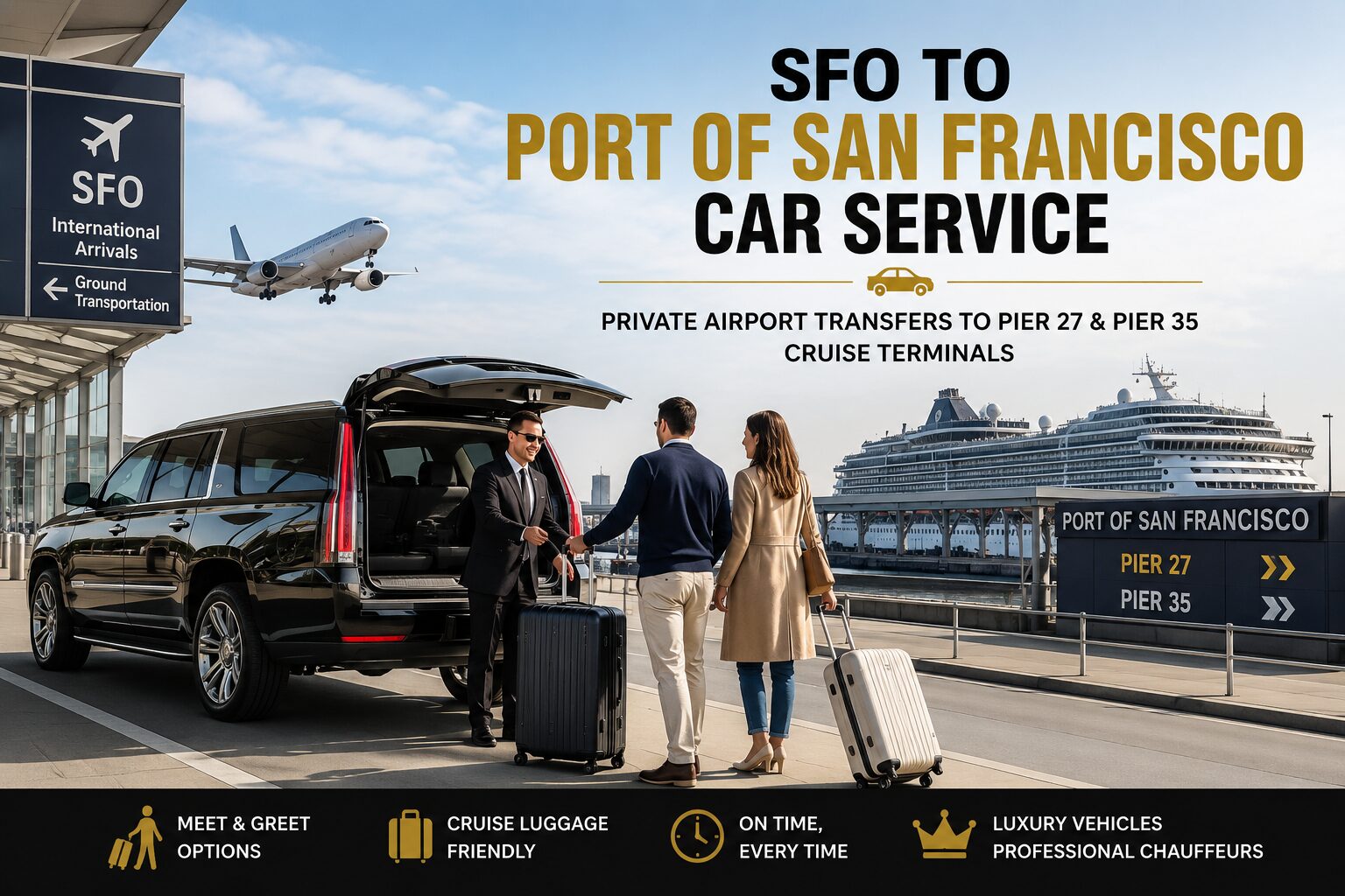 SFO to Port of San Francisco car service with private chauffeur and cruise luggage transportation