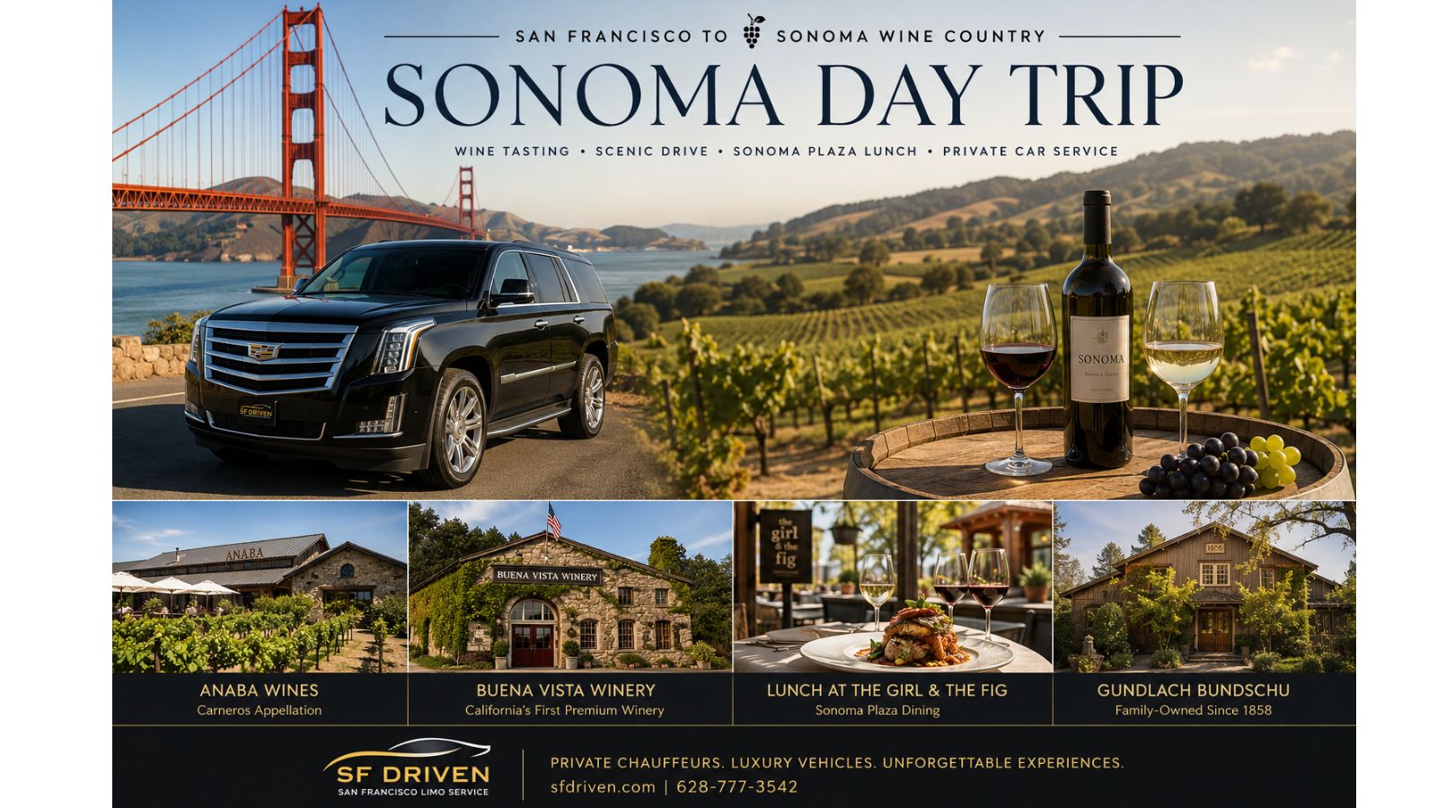 Sonoma day trip from San Francisco with Golden Gate Bridge drive, luxury SUV, vineyards, wine tasting, Anaba Wines, Buena Vista Winery, the girl and the fig, and Gundlach Bundschu