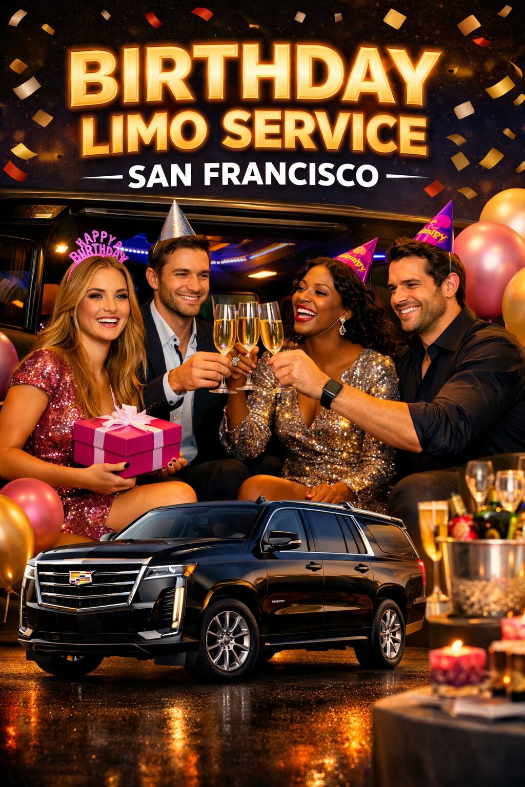 Birthday limo service in San Francisco with Cadillac Escalade private chauffeur transportation by SFDRIVEN