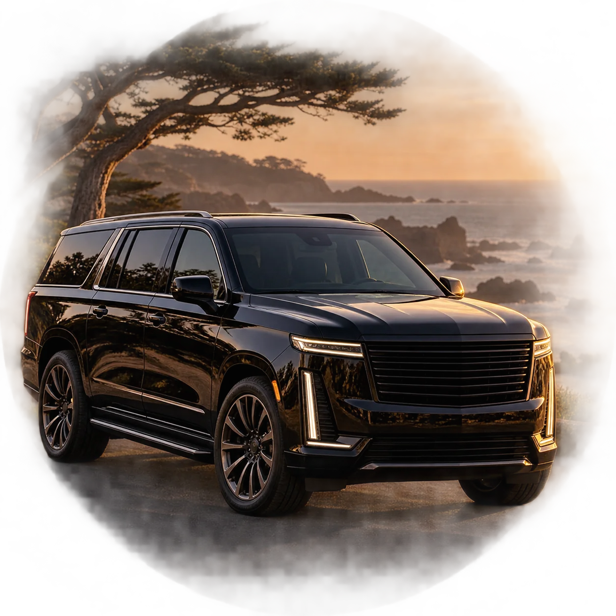 Illustration of a black luxury SUV beside the Carmel coast